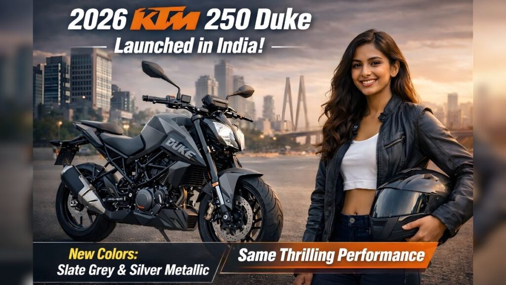 2026 KTM 250 Duke Launched in India with Slate Grey colour parked on Indian city road during launch announcement