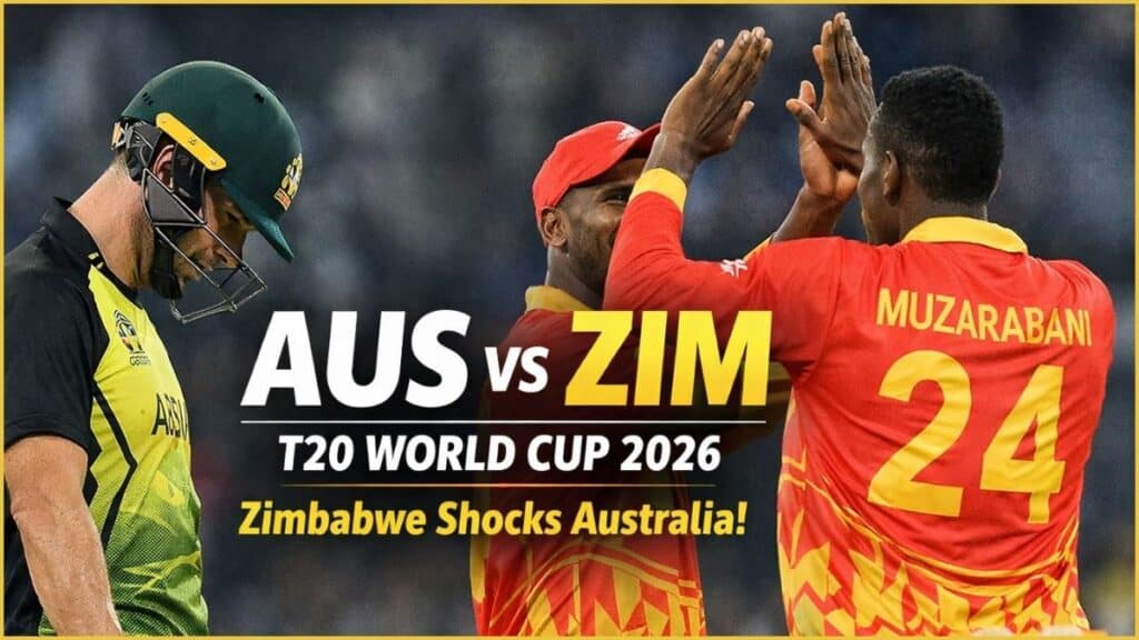 AUS vs ZIM 2026 T20 World Cup: Australia and Zimbabwe cricket players celebrating on field during thrilling match action