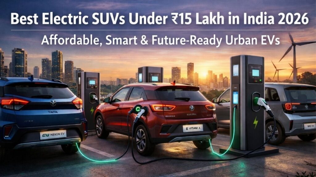 Best electric SUVs under ₹15 lakh in India 2026 charging at urban station