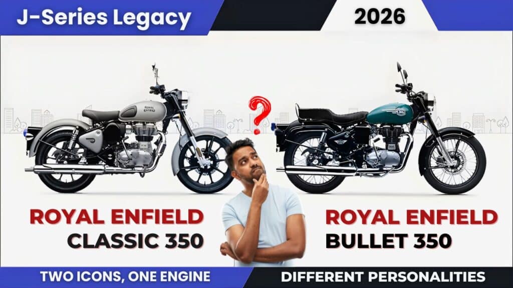 Classic 350 vs Bullet 350 J-Series comparison showing design, features, and road presence
