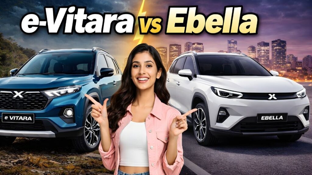 e-Vitara vs Ebella front fascia comparison showing Y-shaped DRLs and segmented DRLs
