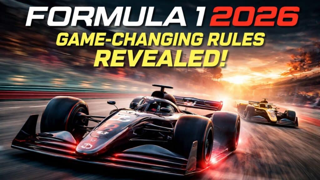 Formula 1 2026 regulations new F1 car design with active aerodynamics and sustainable hybrid power unit racing during sunset