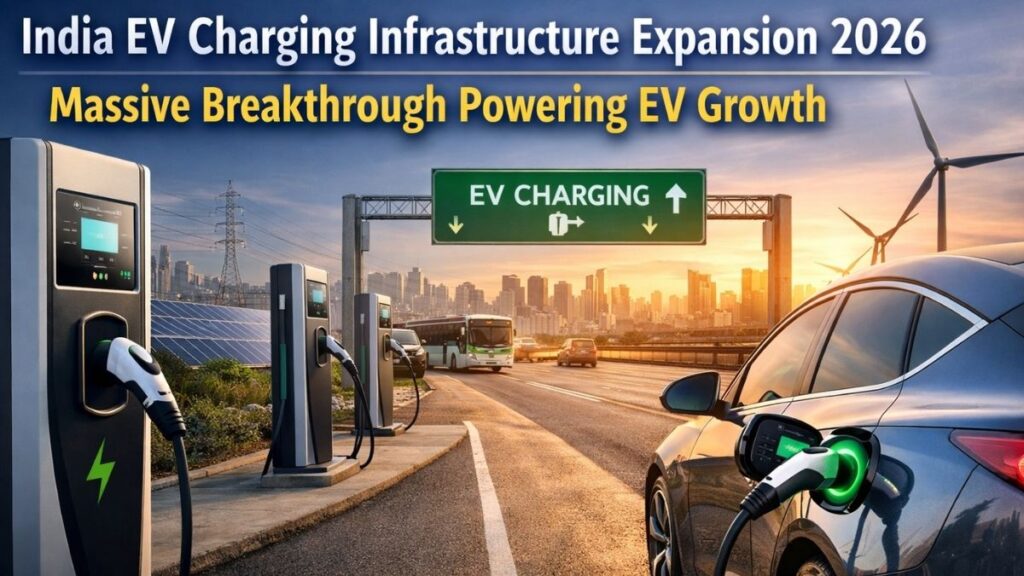 Electric car charging at a modern station highlighting India EV charging infrastructure expansion 2026 with city skyline, solar panels, and wind turbines in the background.