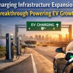 Electric car charging at a modern station highlighting India EV charging infrastructure expansion 2026 with city skyline, solar panels, and wind turbines in the background.
