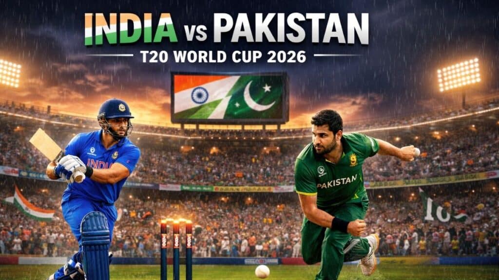 India Pakistan T20 World Cup 2026 match in Colombo with rain, players in action, batsman hitting, bowler delivering, and fans cheering