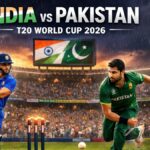 India Pakistan T20 World Cup 2026 match in Colombo with rain, players in action, batsman hitting, bowler delivering, and fans cheering
