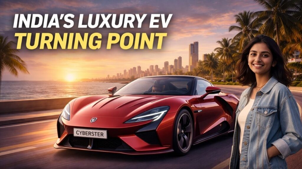 MG Cyberster India success - MG Cyberster electric sports car driving on Indian coastal highway at sunset