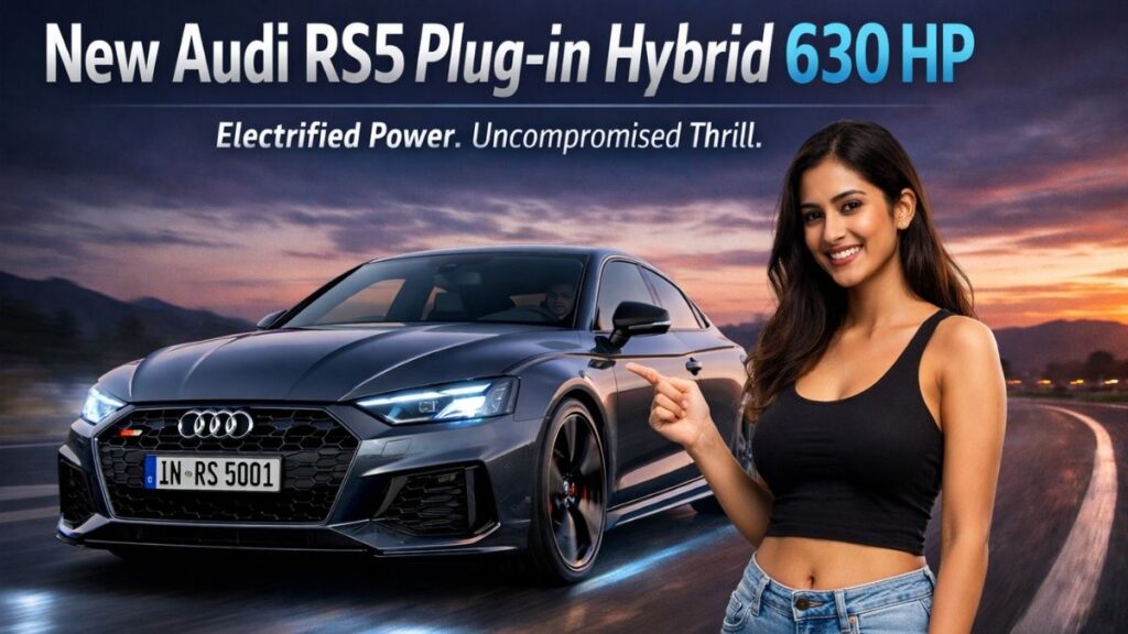 New Audi RS5 Plug-in Hybrid 630 HP front angle driving shot 2026 model