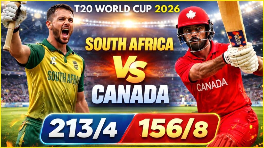 South Africa vs Canada T20 World Cup 2026 match highlights with scorecard 213/4 vs 156/8