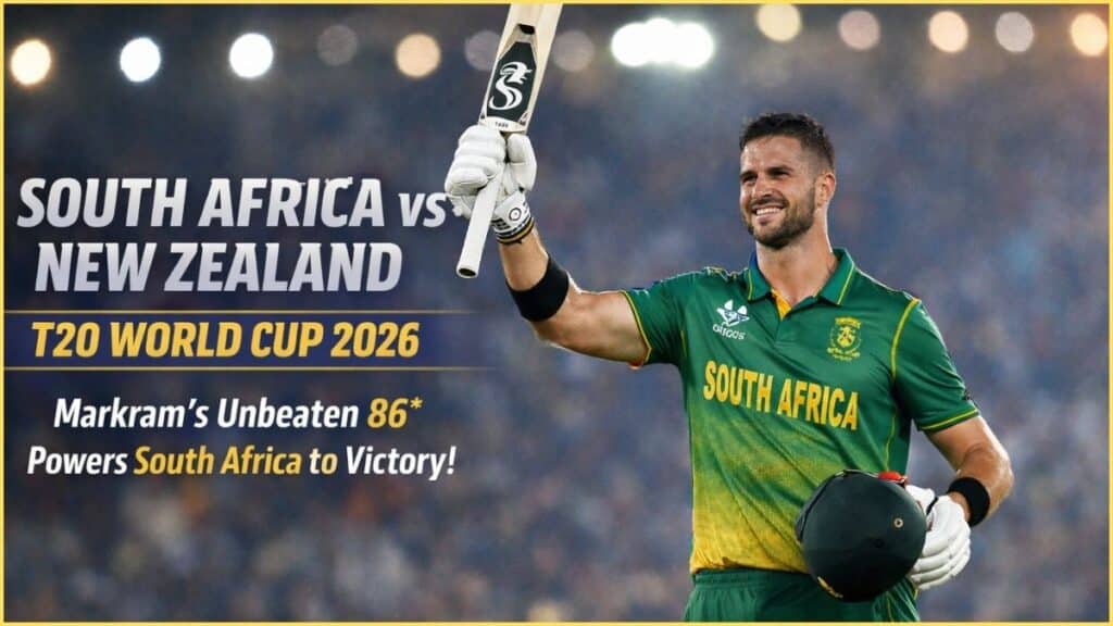 South Africa vs New Zealand T20 World Cup 2026 match where Aiden Markram scored 86 not out