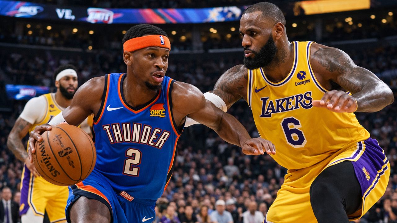 Oklahoma City Thunder and Los Angeles Lakers players in live NBA match action