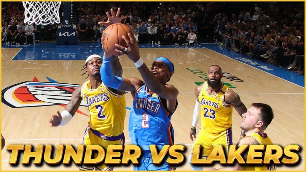 Thunder vs Lakers NBA game action featuring Shai Gilgeous-Alexander and LeBron James