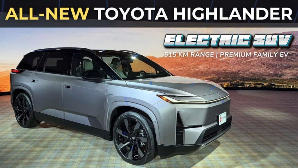 Toyota Highlander Electric SUV 2026 charging at urban station, premium three-row family EV with 515 km range, ideal for India and US buyers