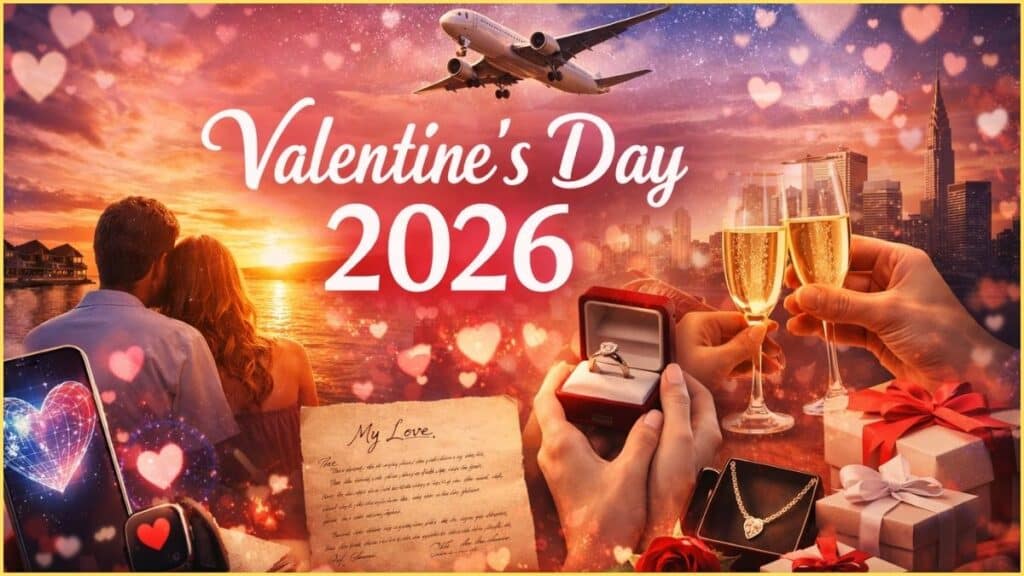 Valentine’s Day 2026 romantic celebration concept featuring proposal ring, luxury gifts, sunset couple, and modern digital love elements