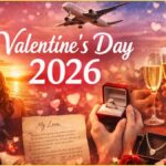 Valentine’s Day 2026 romantic celebration concept featuring proposal ring, luxury gifts, sunset couple, and modern digital love elements