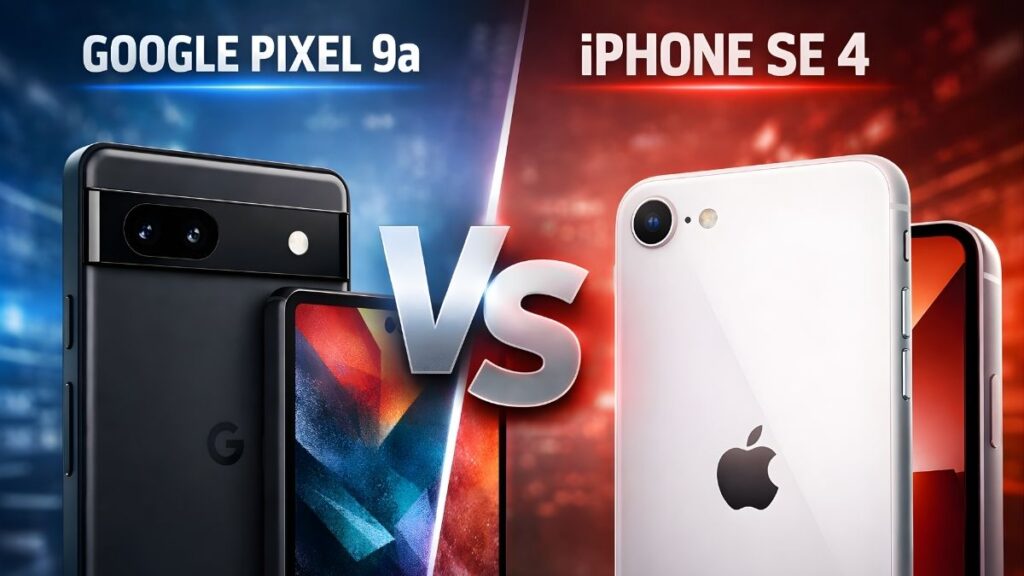 Google Pixel 9a vs iPhone SE 4 smartphone comparison showing design and camera differences