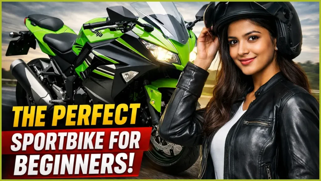 Kawasaki Ninja 300 sportbike parked on highway showing aggressive fairing and twin headlamp design