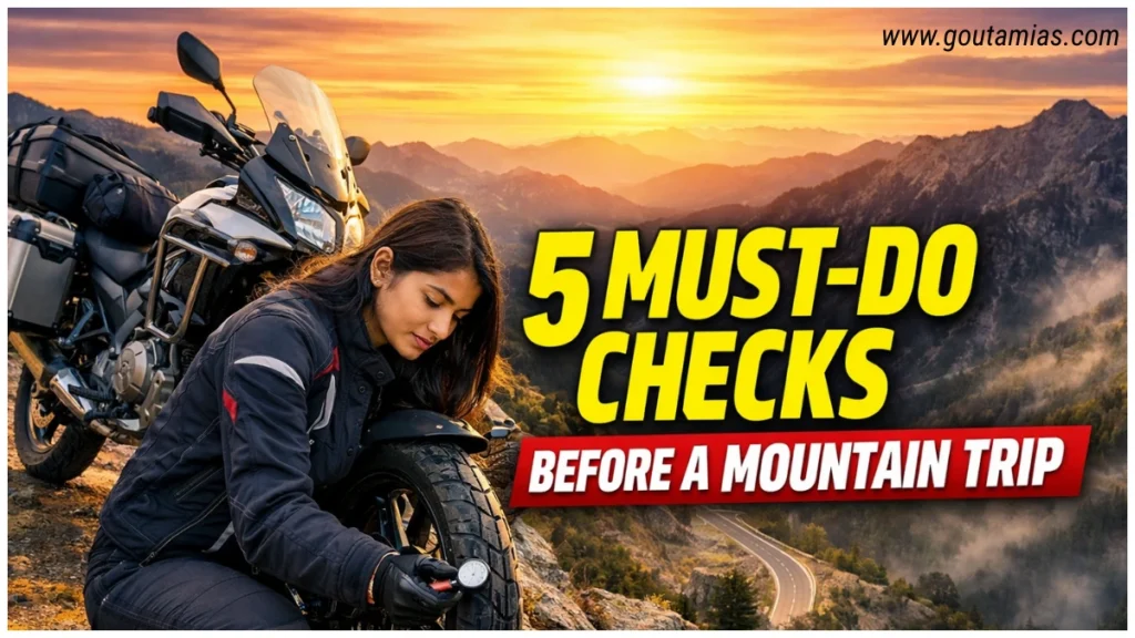 5 Motorcycle Maintenance Checks Before a Mountain Road Trip : Rider checking motorcycle tire pressure before mountain road trip