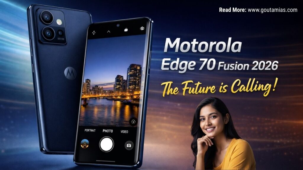 Motorola Edge 70 Fusion 2026 smartphone displaying camera interface in Midnight Blue colorway
