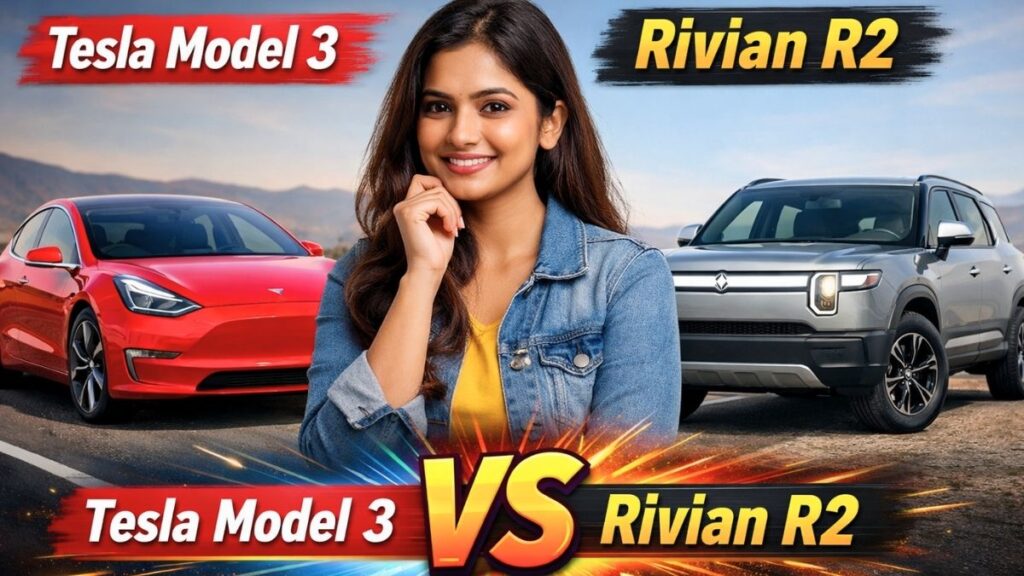 Tesla Model 3 vs Rivian R2 comparison image featuring a young Indian woman between the two electric vehicles on an open highway in 2026.