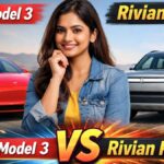 Tesla Model 3 vs Rivian R2 comparison image featuring a young Indian woman between the two electric vehicles on an open highway in 2026.