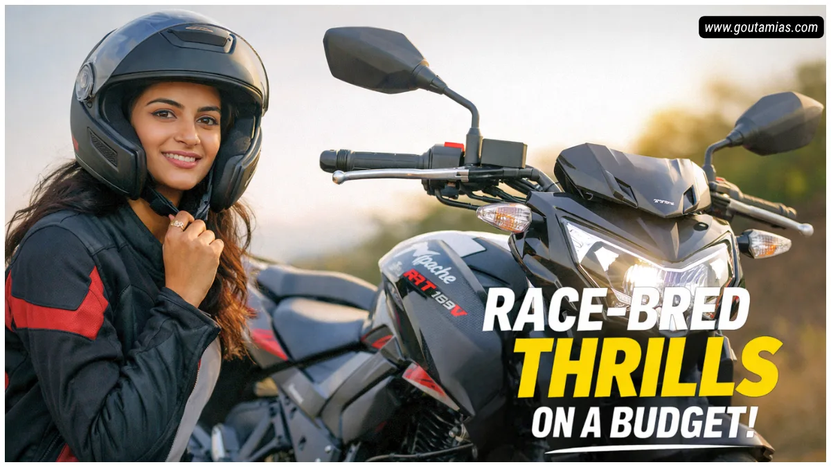 TVS Apache RTR 160 4V parked on road showing sporty design and LED headlamp